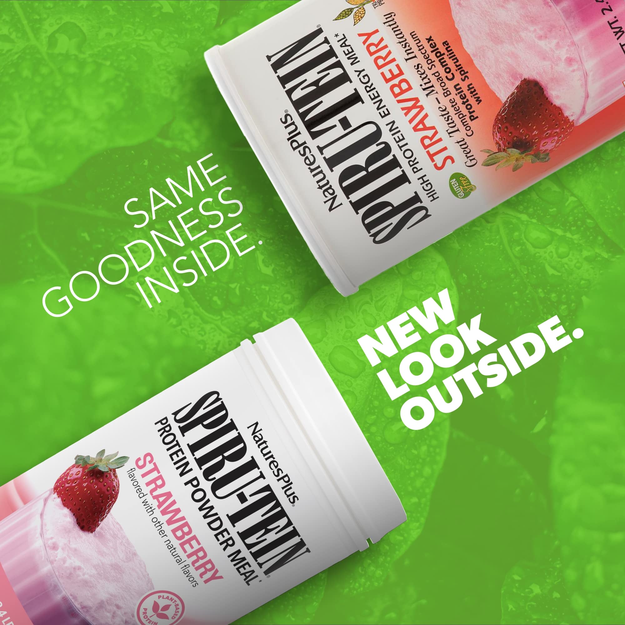 NaturesPlus Spirutein Strawberry powder in the drawer enables quick, convenient protein boosts.