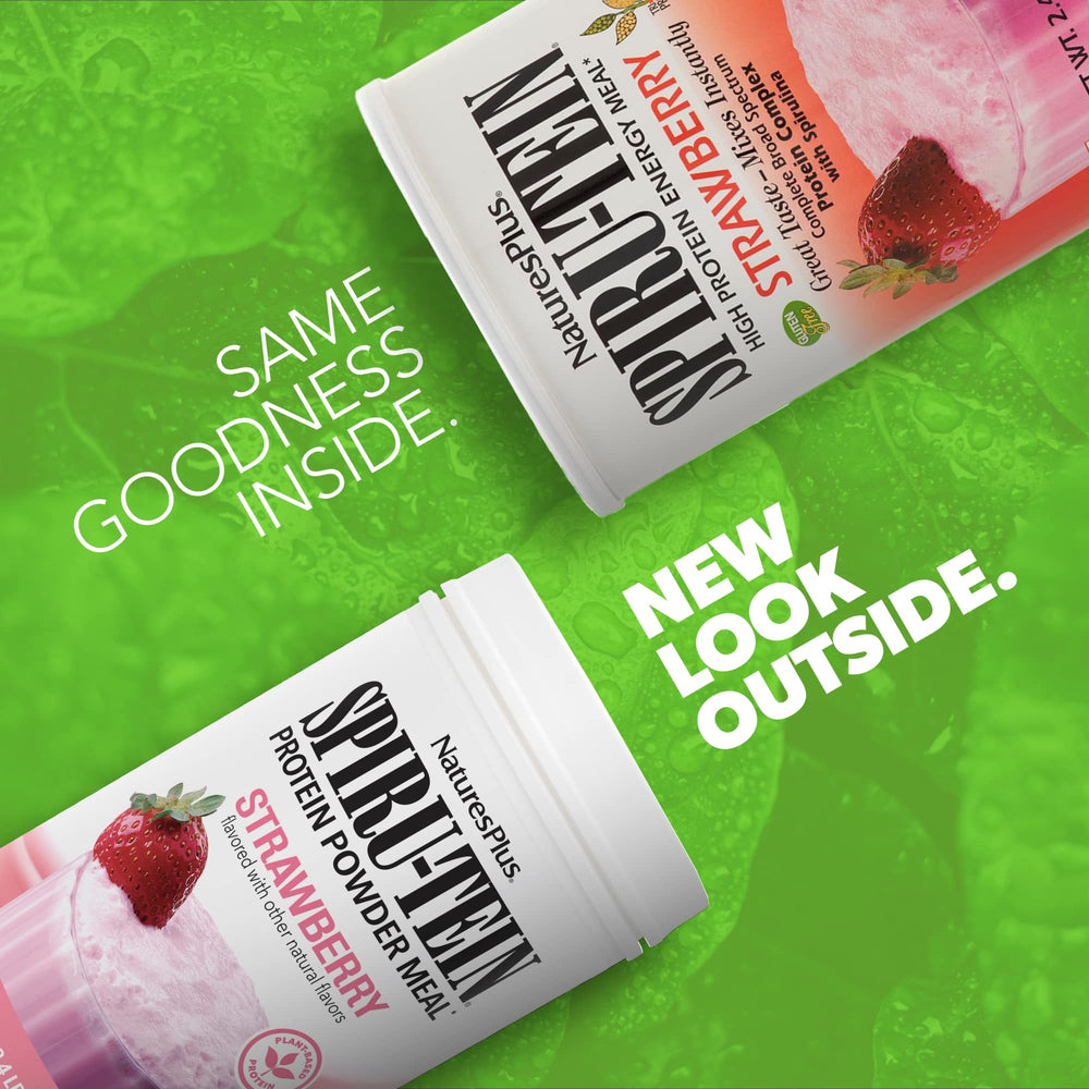 NaturesPlus Spirutein Strawberry powder in the drawer enables quick, convenient protein boosts.
