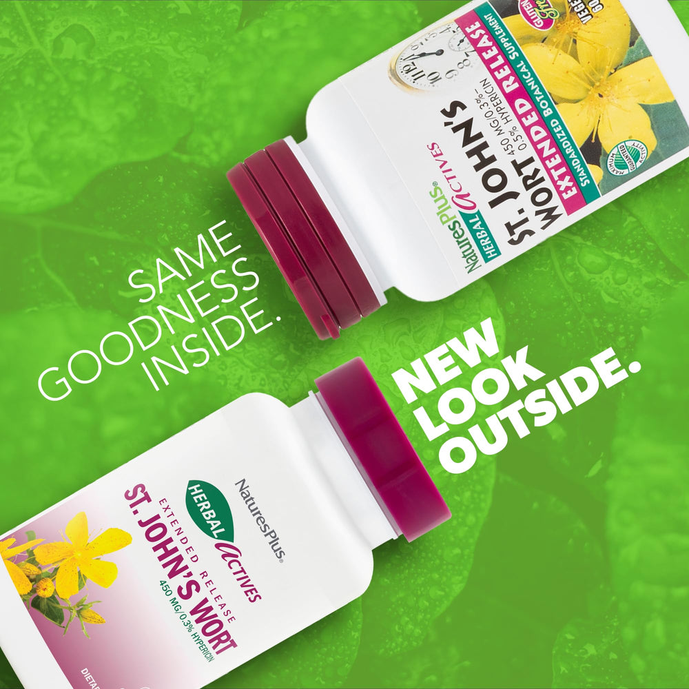 Front label view of St. John’s Wort Extended Release showing vegetarian and gluten-free claims