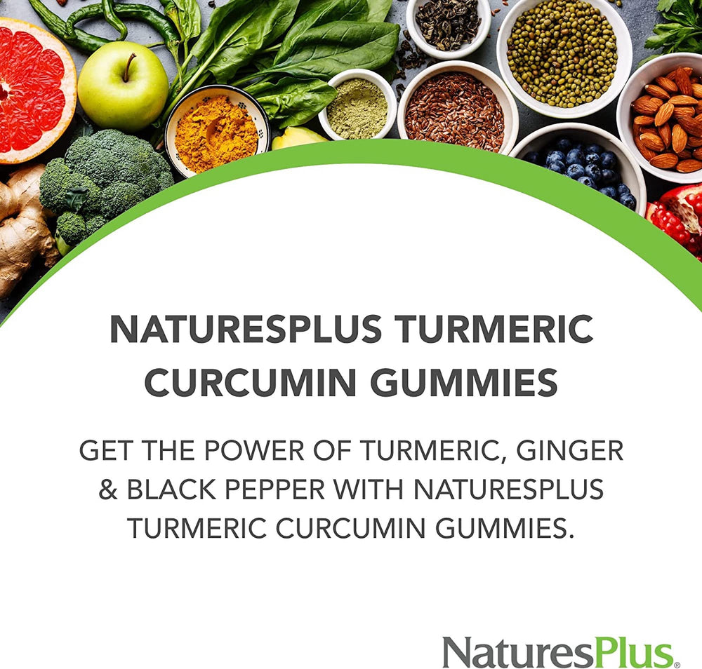 NaturesPlus Turmeric Curcumin Gummies peach label with product details