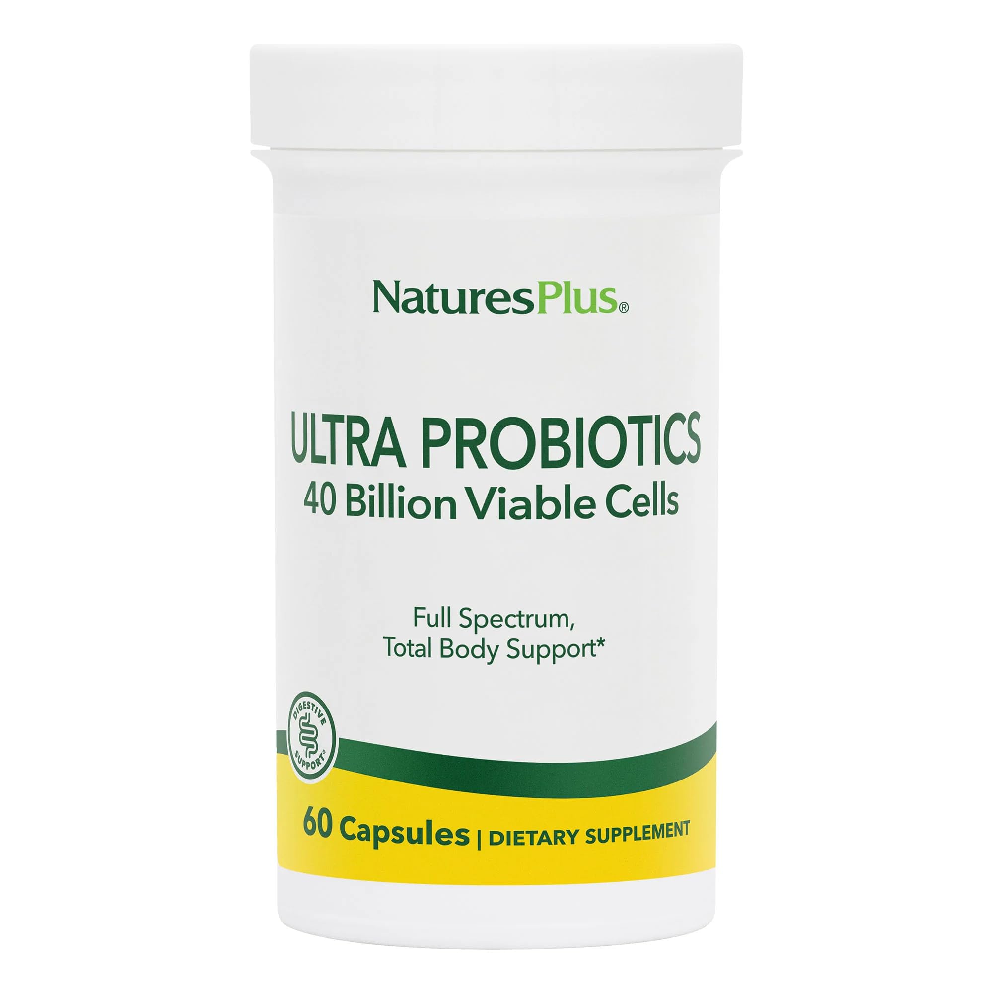 Front view of NaturesPlus Ultra Probiotics bottle, 60 vegan capsules