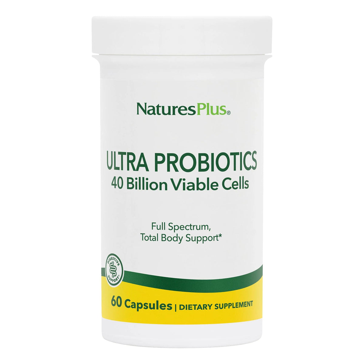 Front view of NaturesPlus Ultra Probiotics bottle, 60 vegan capsules
