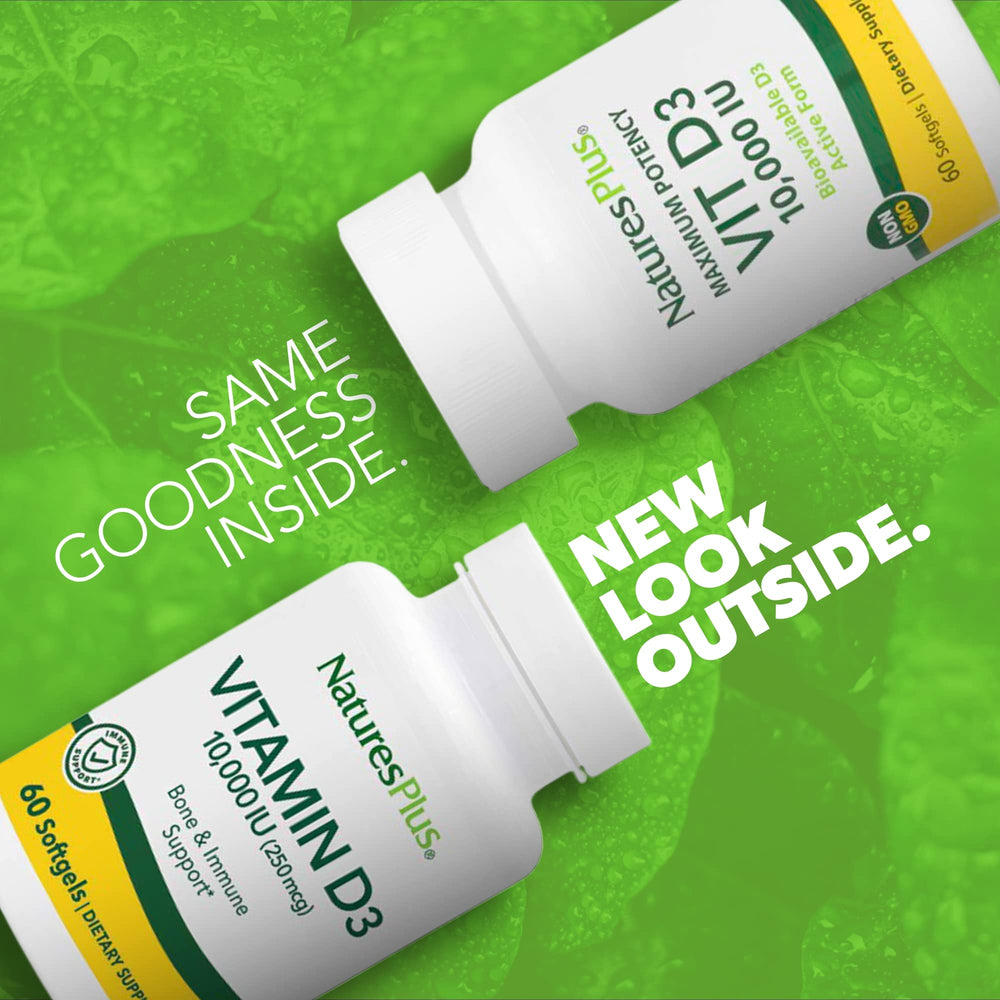 Bottle of NaturesPlus Vitamin D3 10,000 IU 60 softgels