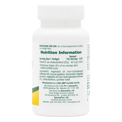 Back label of NaturesPlus Vitamin D3 2500 IU bottle with supplement facts