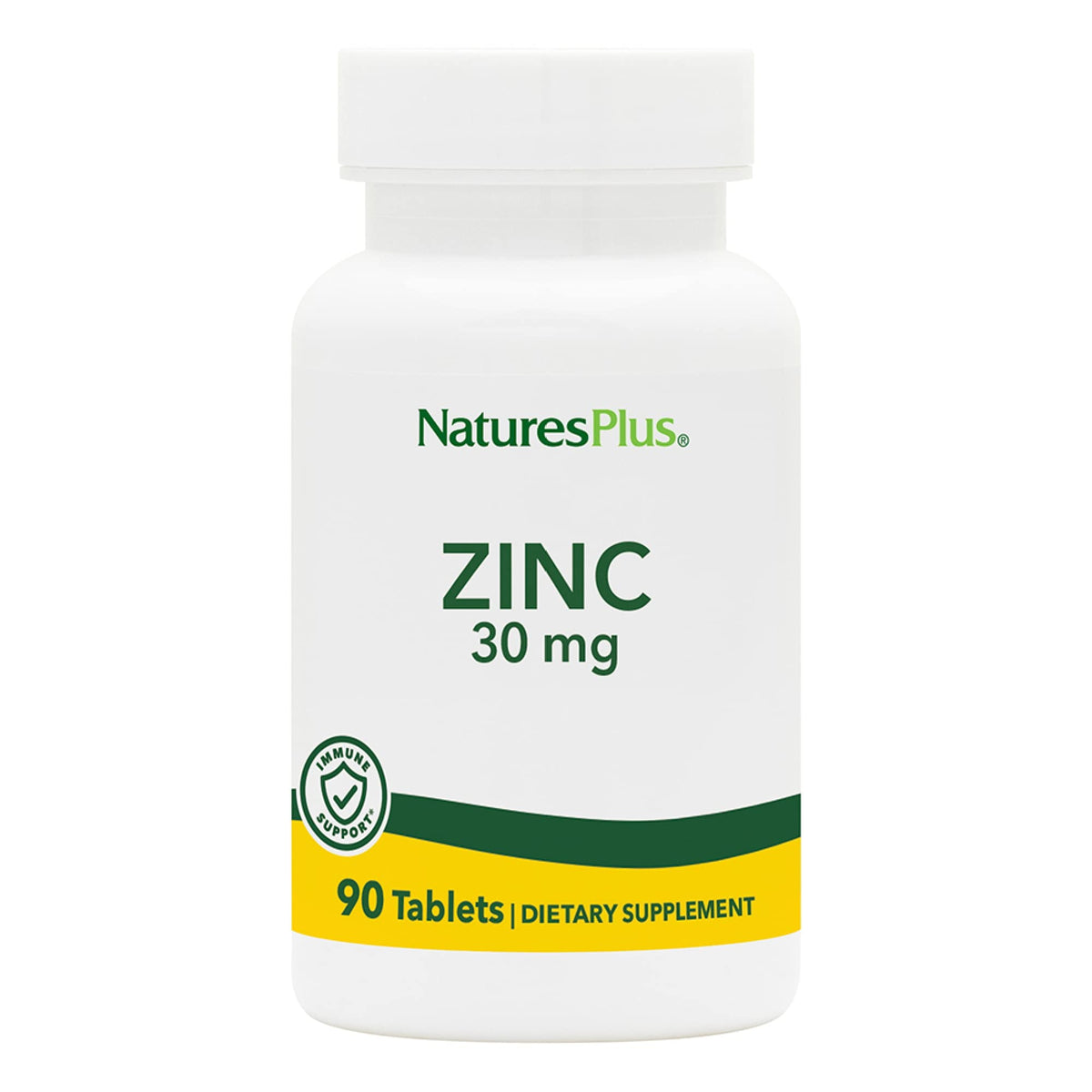 Front view of NaturesPlus Zinc Tablets bottle showing 90 vegetarian tablets