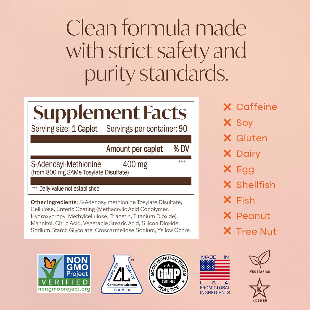 Nature's Trove SAM-e non-GMO label on clean packaging.