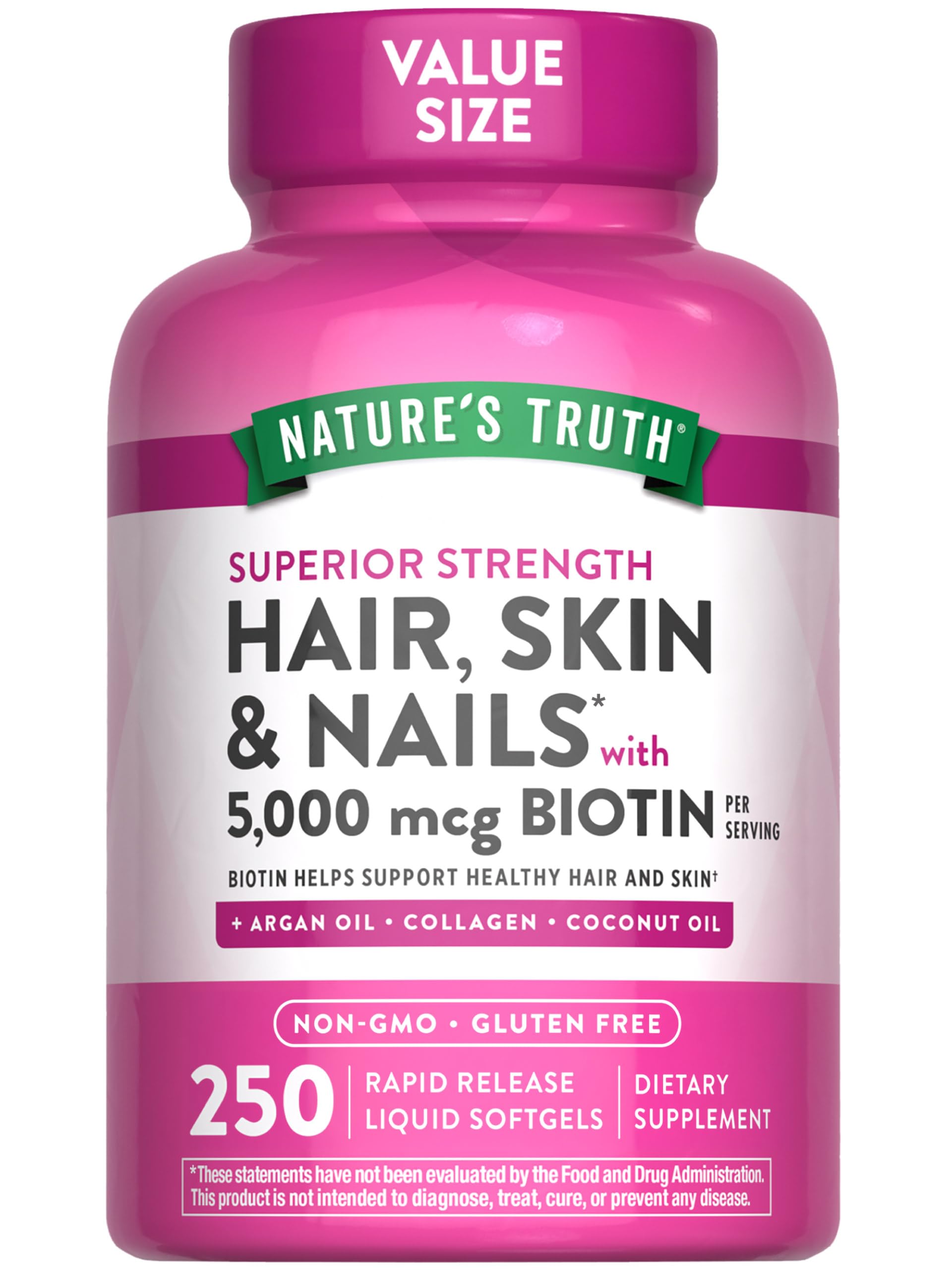 Bottle of Nature's Truth Hair, Skin & Nails Softgels with 5000 mcg Biotin, 250-count