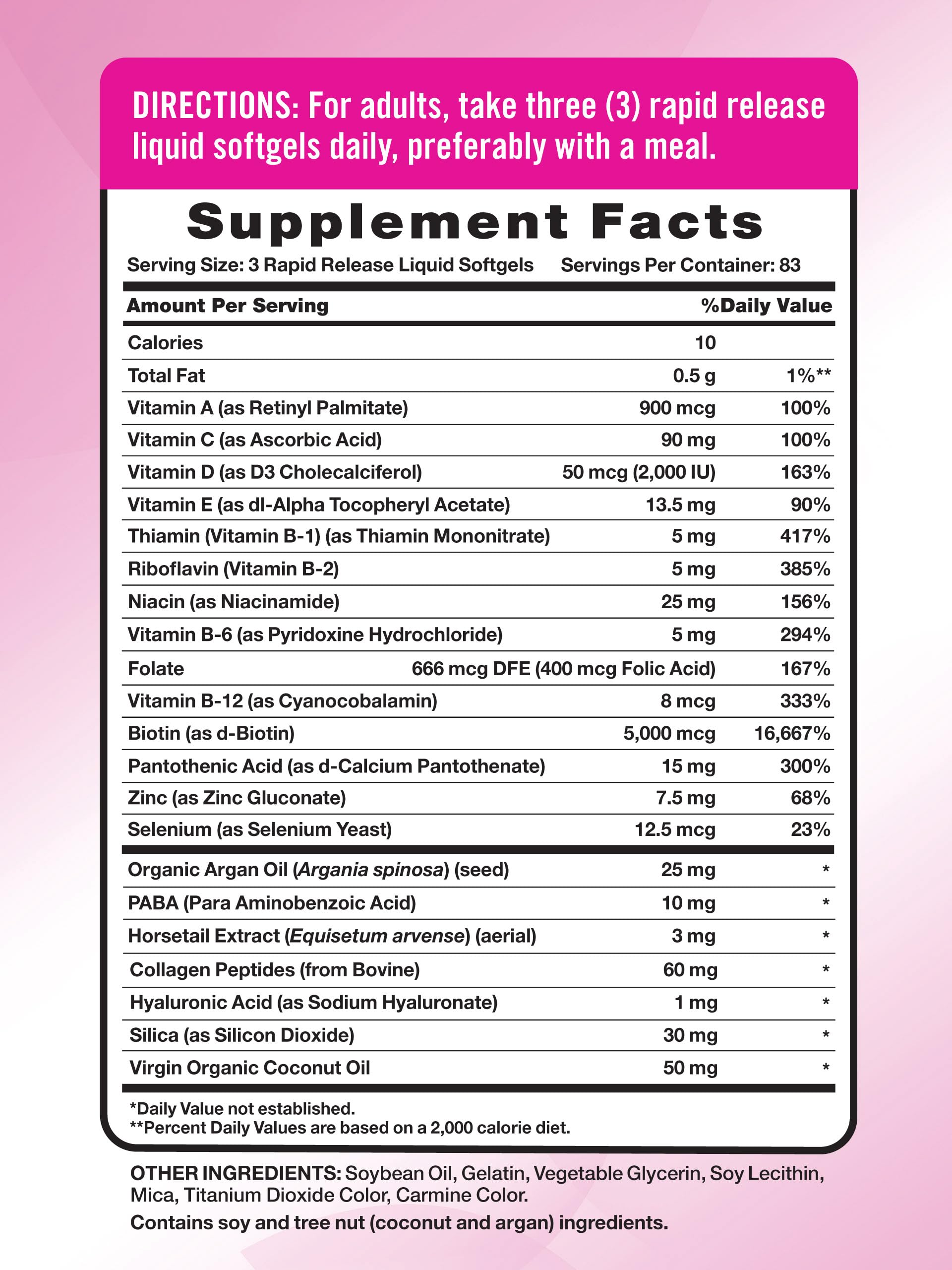 Close-up of softgel ingredients showing Argan Oil, Collagen and Coconut Oil
