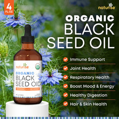 Back label with ingredients and usage directions on Naturise Black Seed Oil bottle