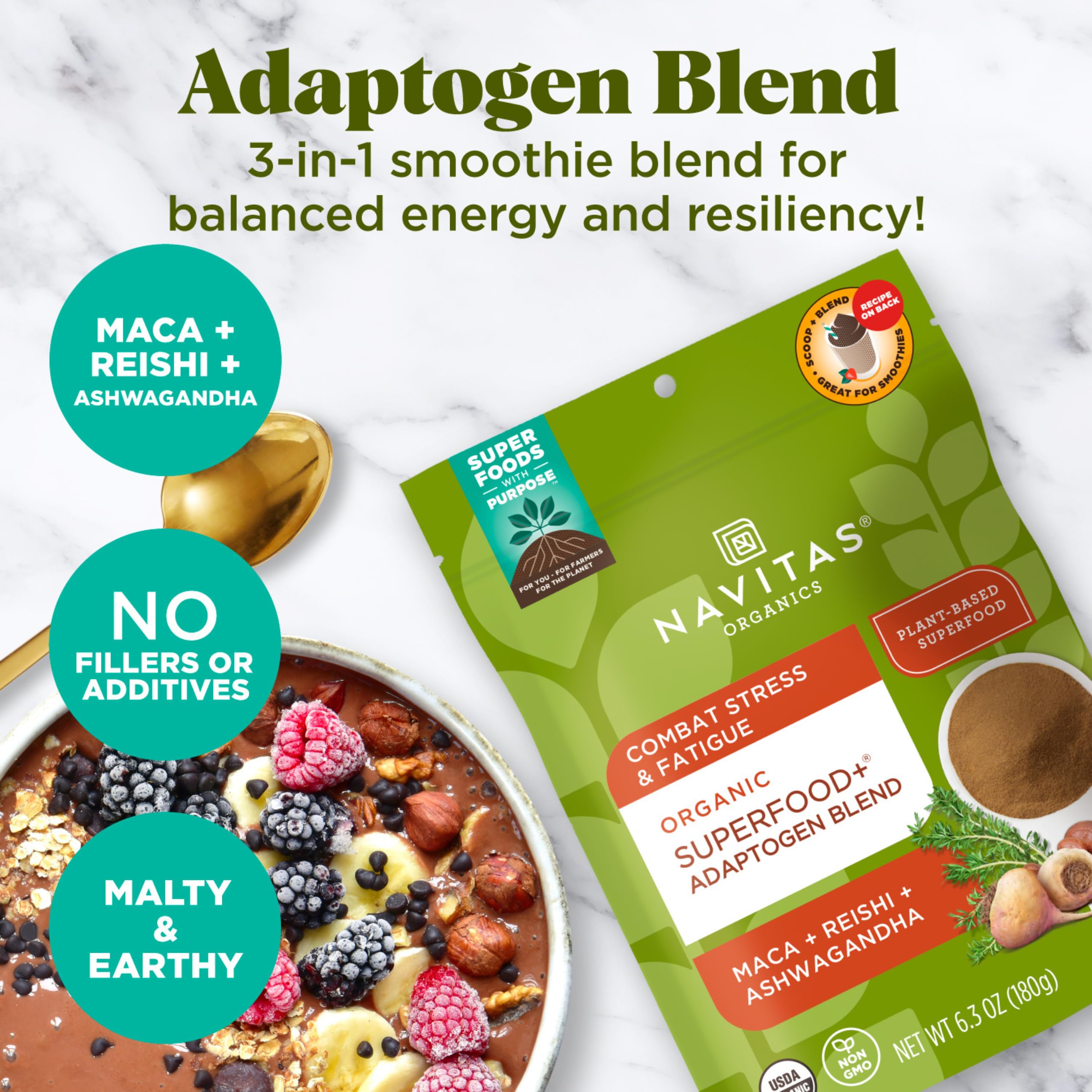 Serving scoop of Navitas Adaptogen Blend being added to a smoothie
