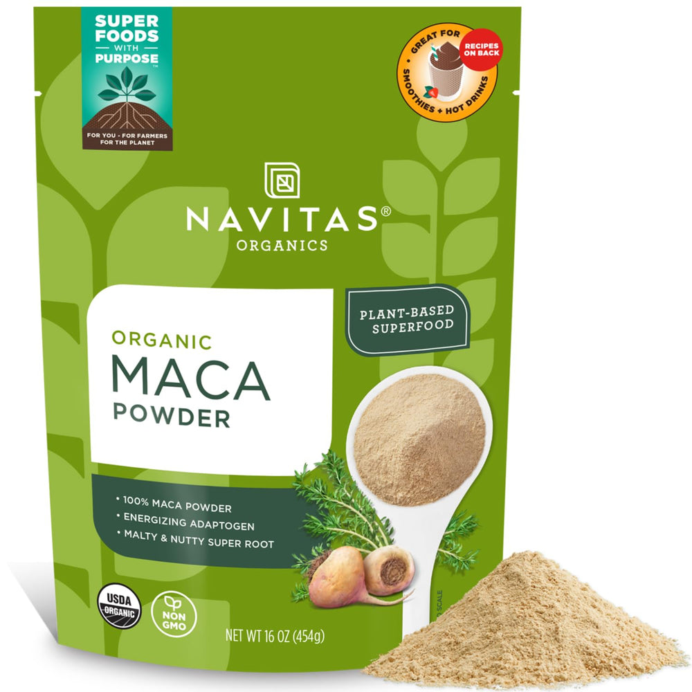 Front view of Navitas Organics Maca Powder 16oz 2-pack