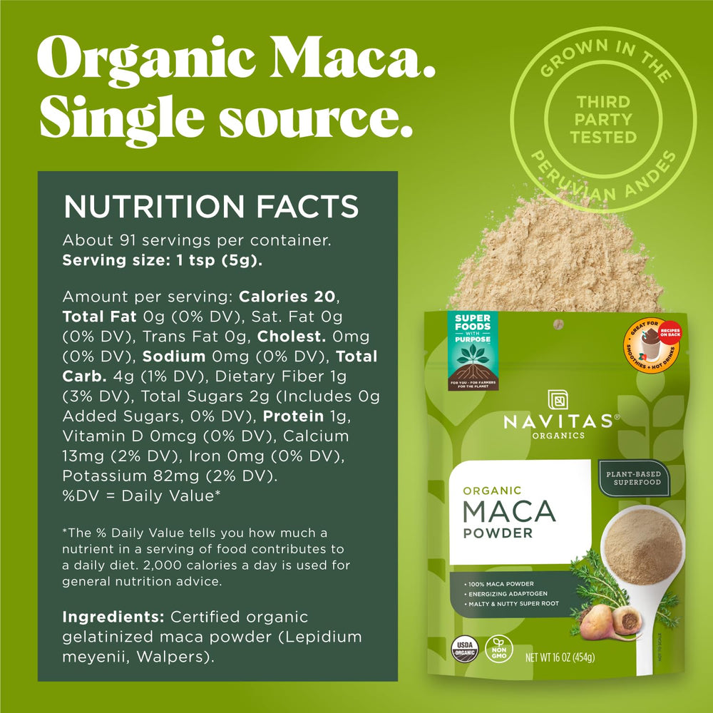 Close-up of Navitas Organics Maca Powder bag