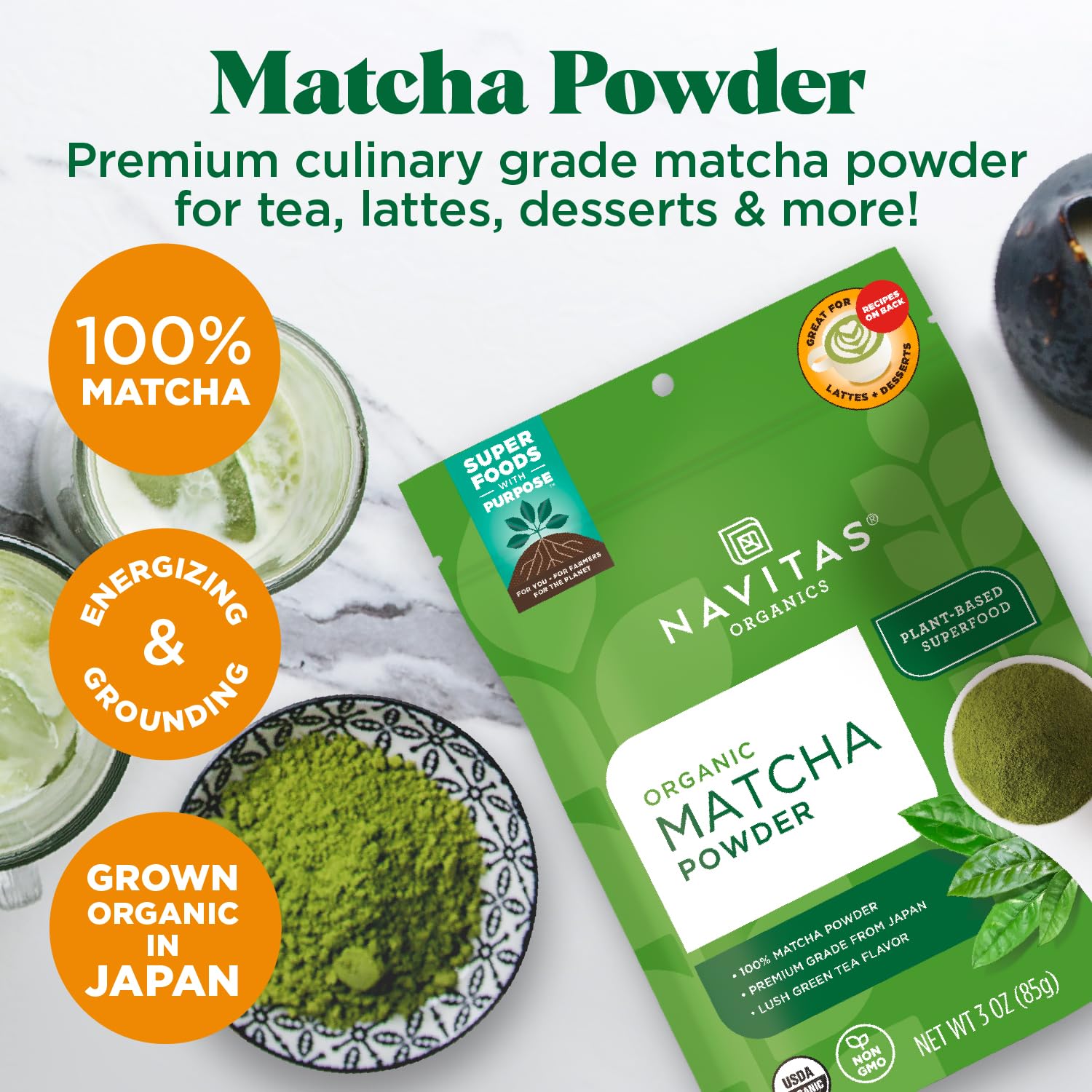 Close-up view of Navitas Matcha powder in a scoop