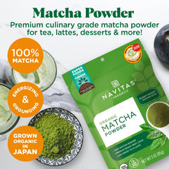 Close-up view of Navitas Matcha powder in a scoop