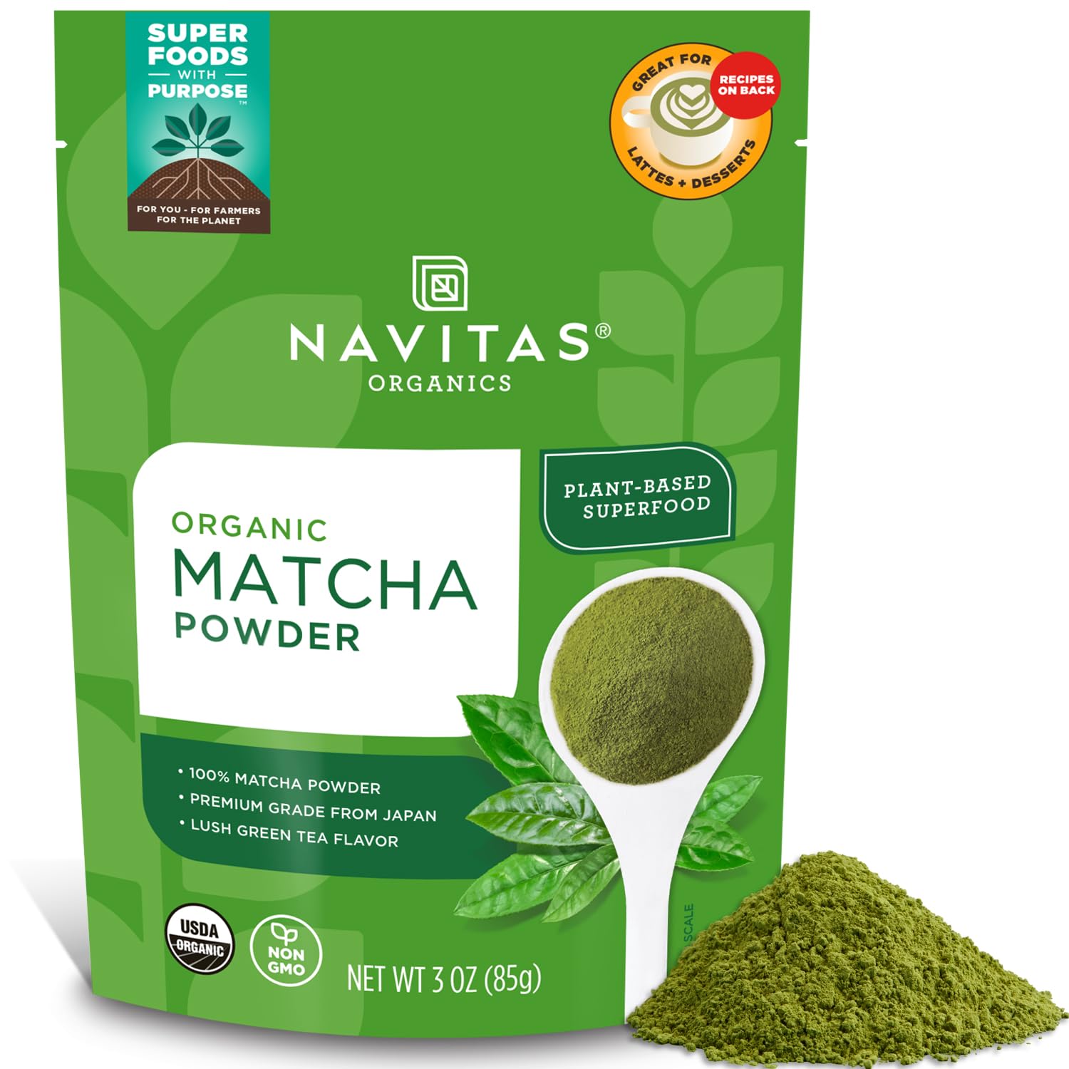 Navitas Organics Matcha Powder 3oz bag – front view