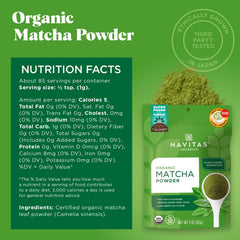 Navitas Matcha packaging showing USDA Organic and Non-GMO labels