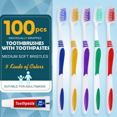 Assorted color disposable toothbrushes with 5g toothpaste tubes