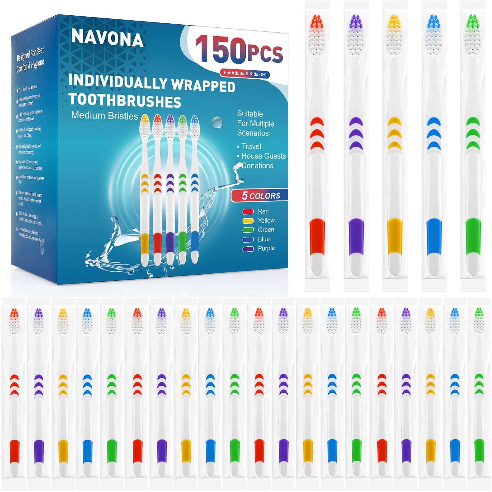 Navona 150-piece individually wrapped toothbrush pack in assorted colors
