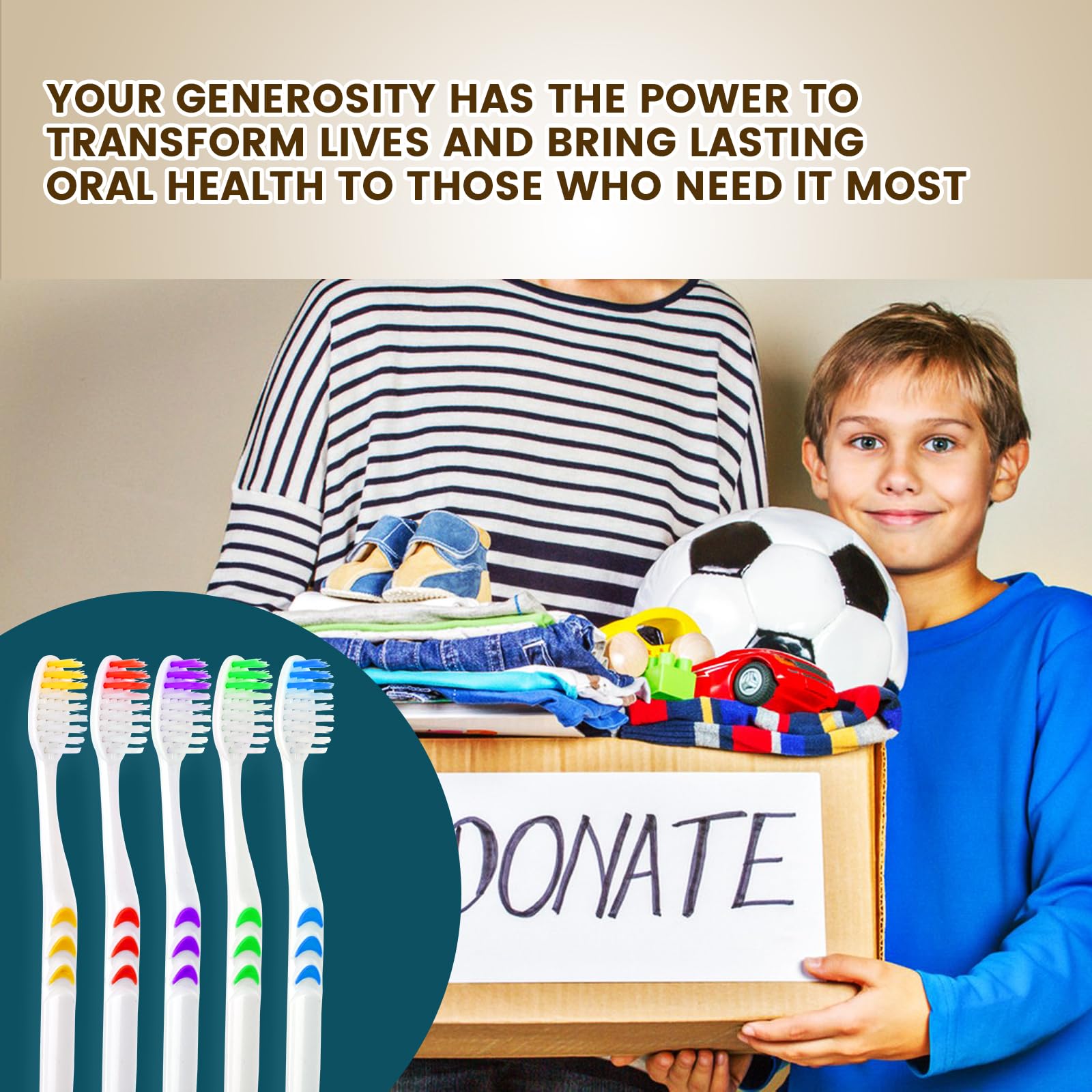 Array of Navona toothbrushes ready for donation or charity events