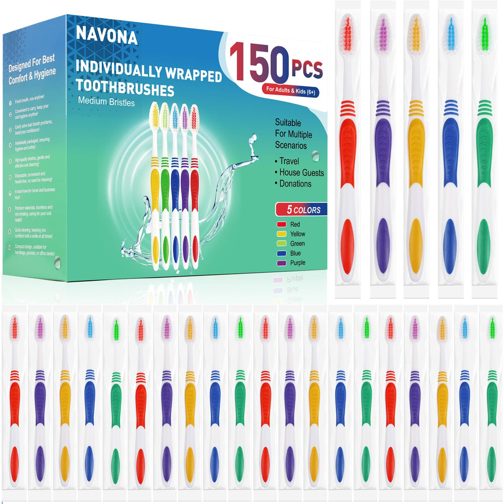 Navona 150-piece bulk toothbrush set, assorted colors, individually wrapped