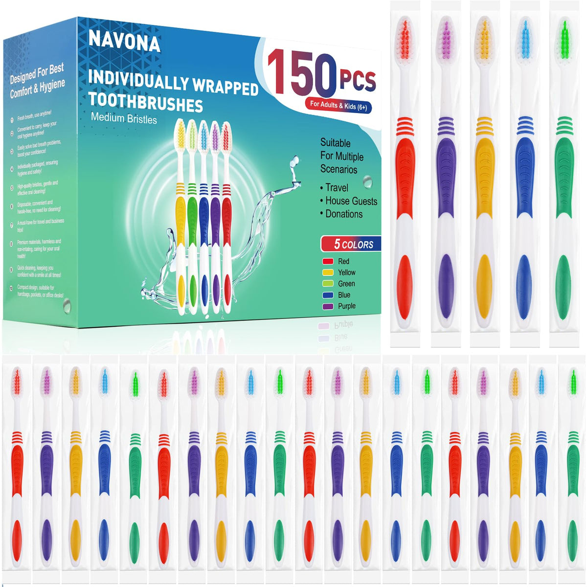 Navona 150-piece bulk toothbrush set, assorted colors, individually wrapped