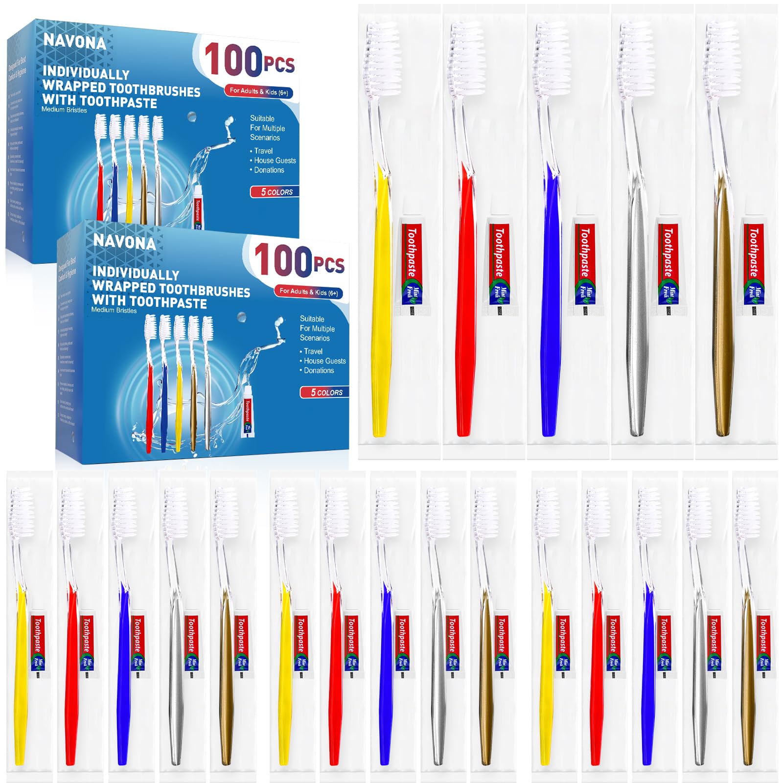 Assorted color disposable toothbrushes with toothpaste in bulk