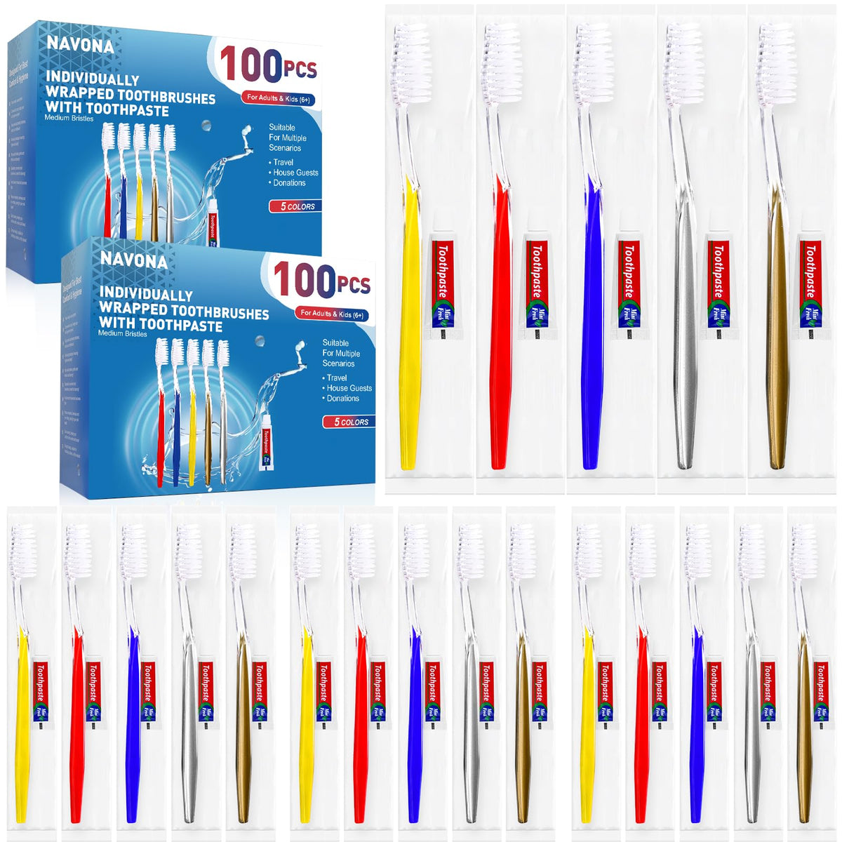 Assorted color disposable toothbrushes with toothpaste in bulk