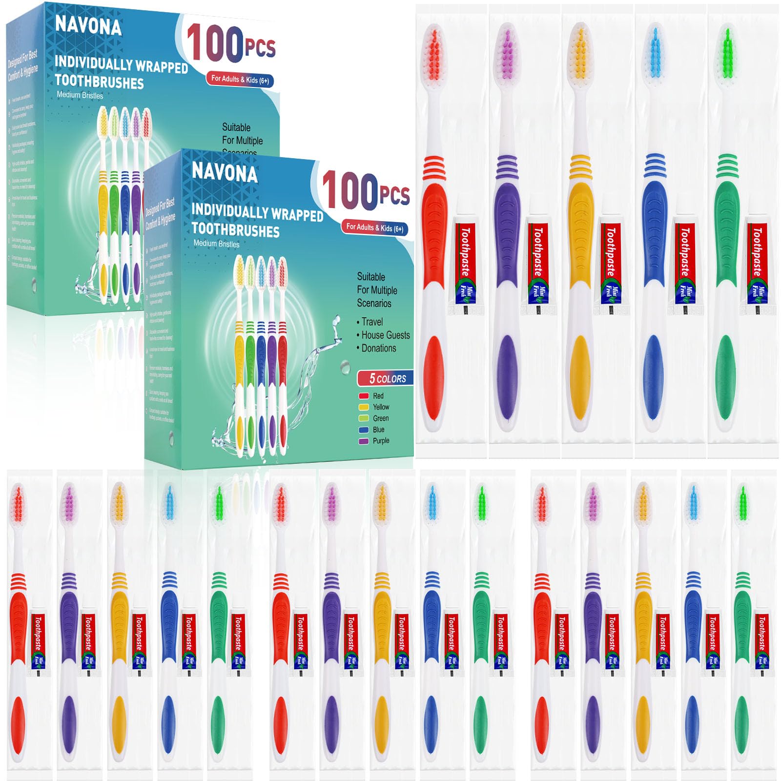 Navona 200-piece disposable toothbrushes in assorted colors