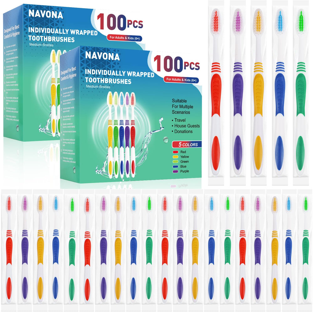 Navona 200-pack bulk toothbrushes in assorted colors, individually wrapped