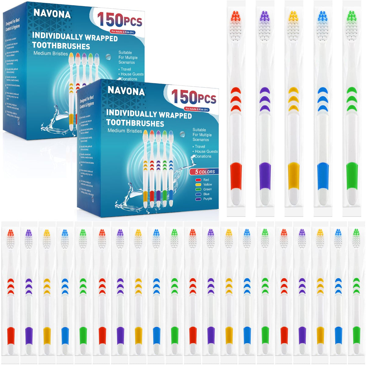 Navona 300-piece bulk disposable toothbrushes in assorted colors, individually wrapped.