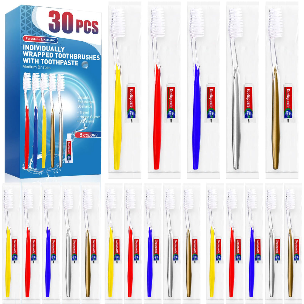 Navona 30-piece disposable toothbrush set with assorted colors and toothpaste