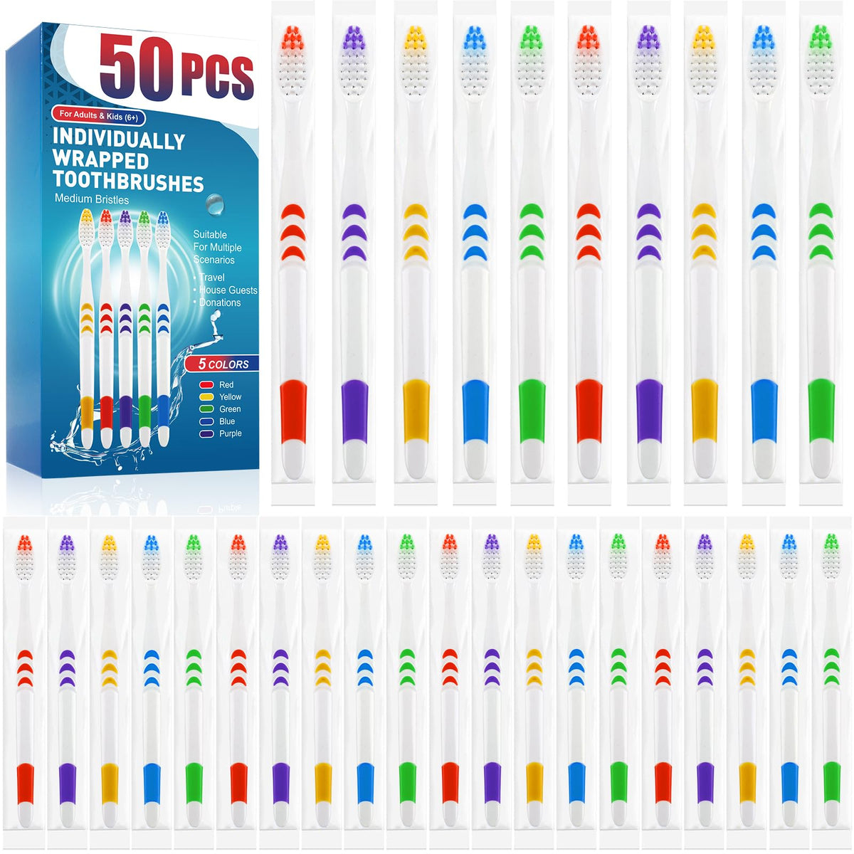 Navona 50 PCS disposable toothbrush pack – individually wrapped, assorted colors
