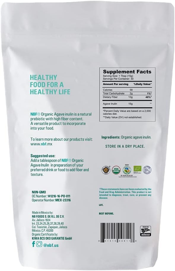 Sealed 16oz bag of organic agave inulin powder