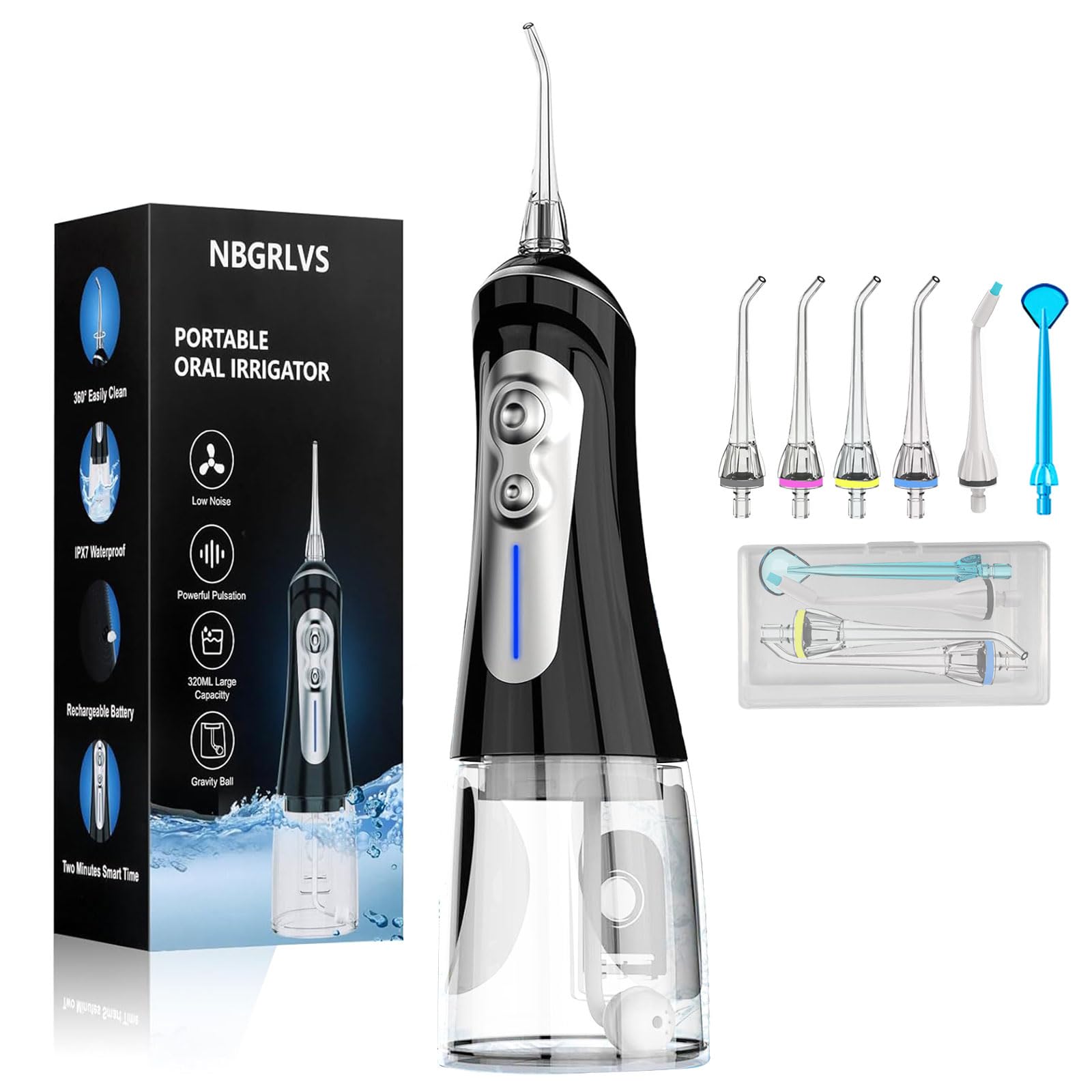 NBGRLVS cordless water flossing machine with 320ml tank and multiple tips