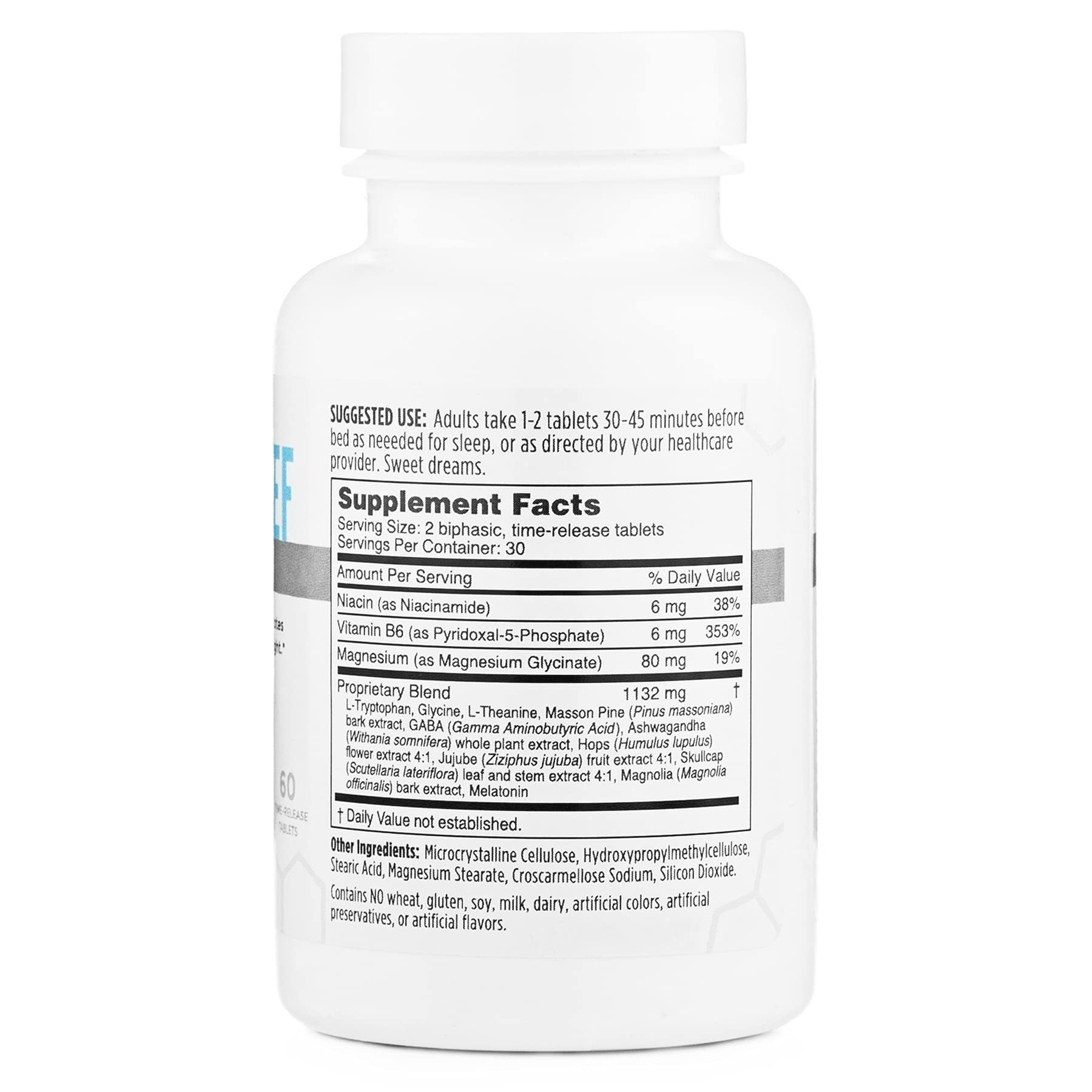 Close-up of Sleep Relief ingredients: melatonin, L-Theanine, magnesium