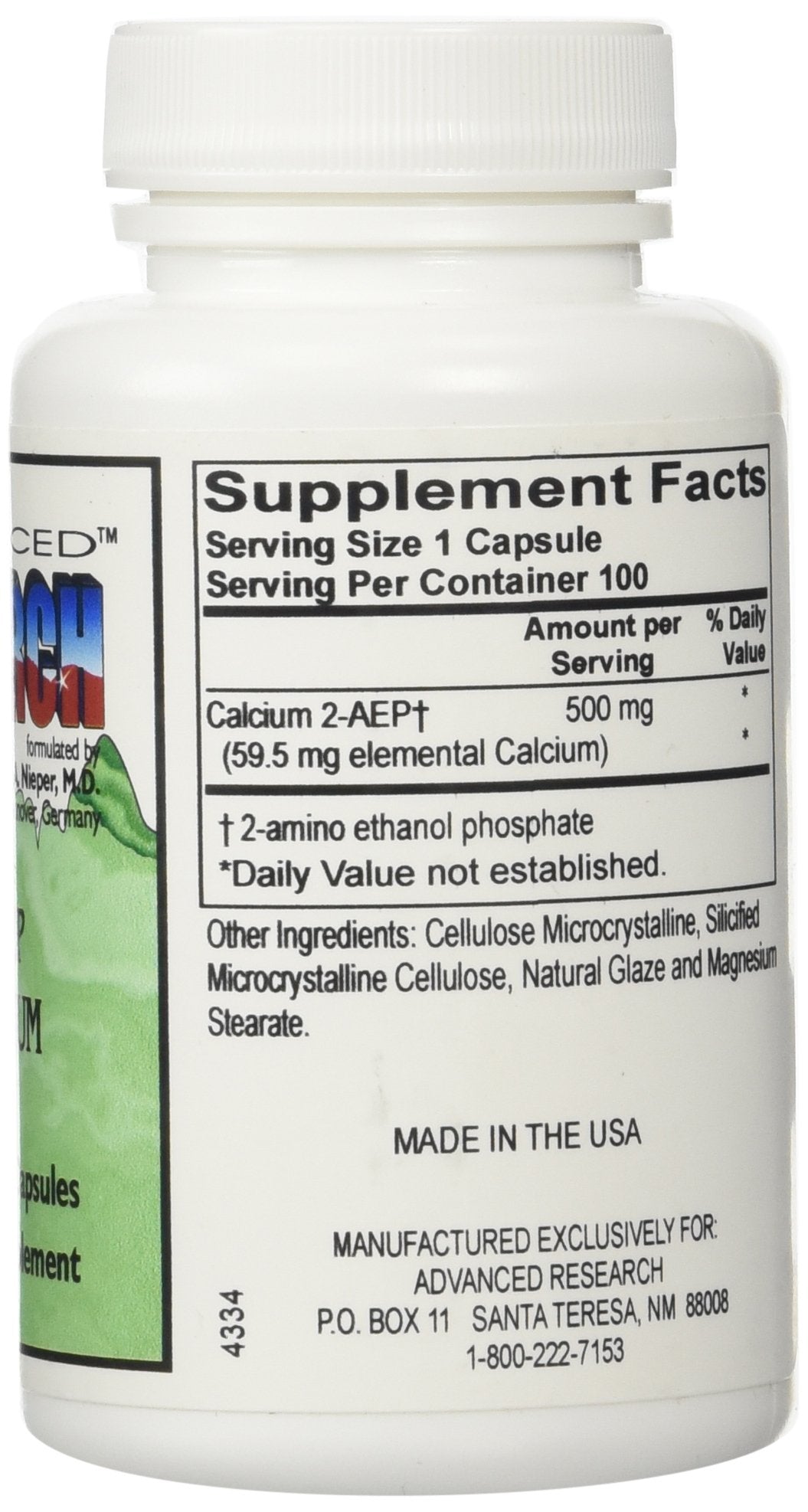 NCI Advanced Research Dr Hans Nieper 2AEP Calcium Capsules bottle - back/label view