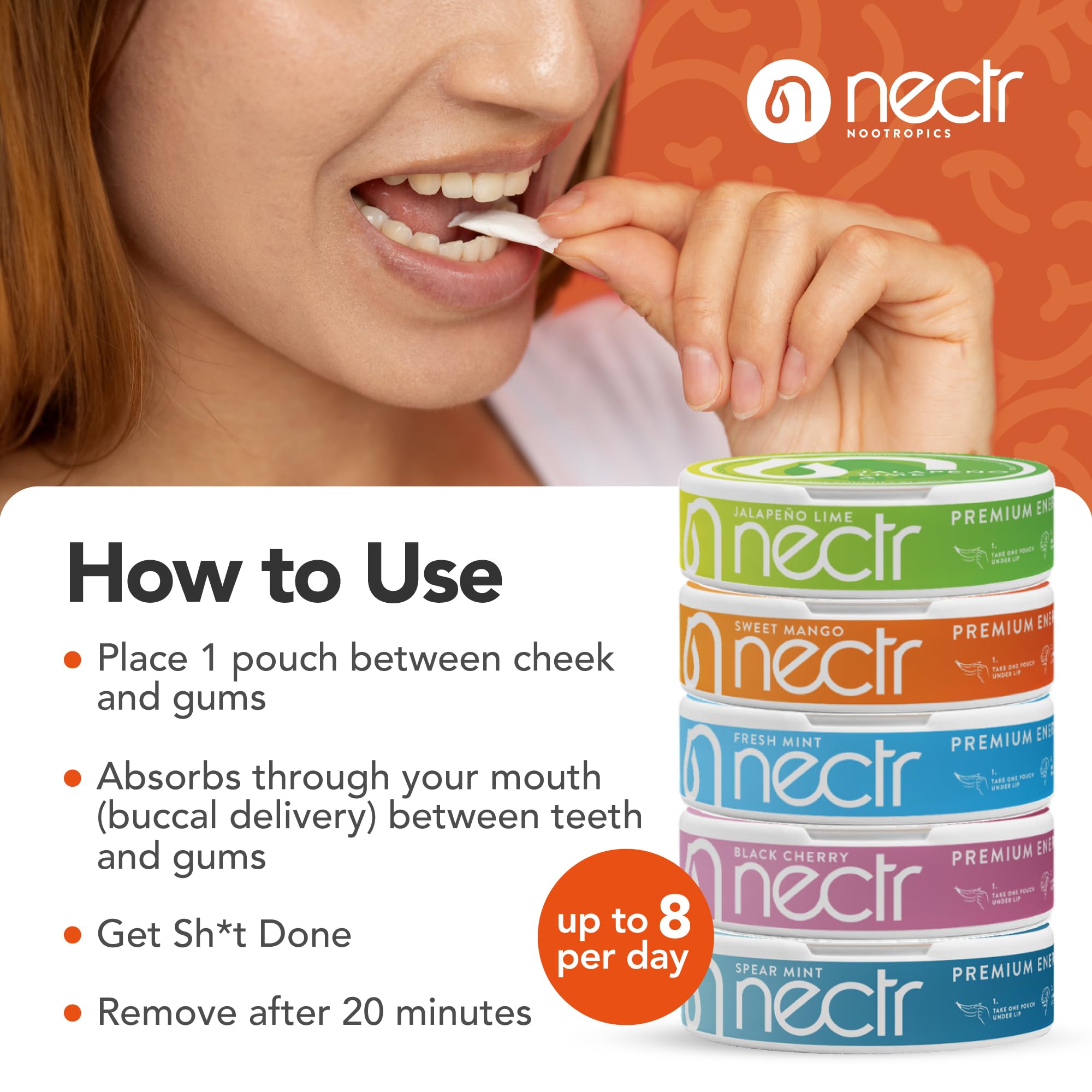 Open Nectr Energy Black Cherry pack revealing four pucks and pouches