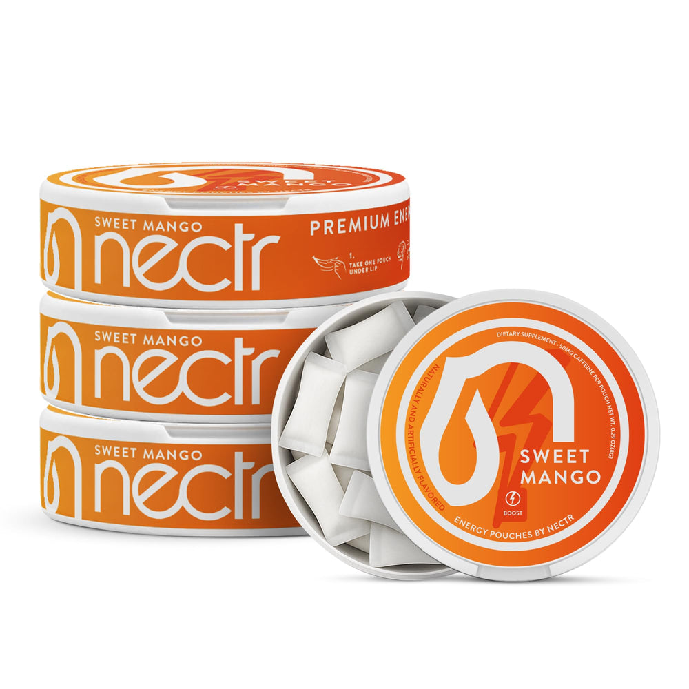 Nectr Energy sweet mango pouch close-up highlights sugar-free caffeine for quick focus