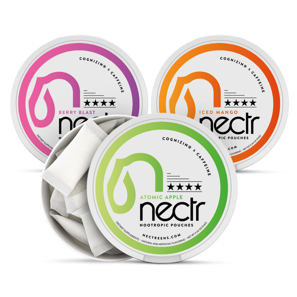 Nectr Energy Pouches Atomic Apple on lip for quick focus.