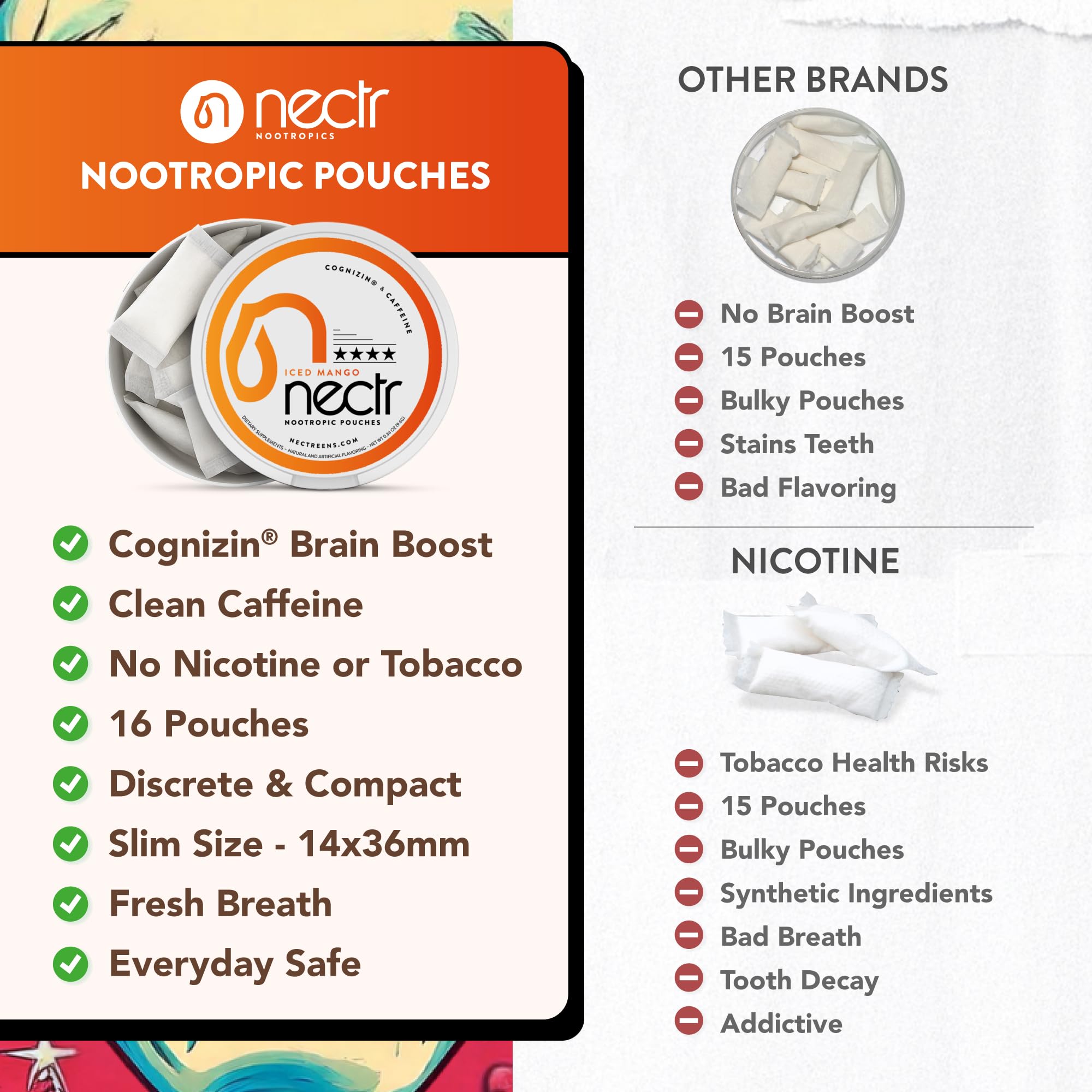 Nectr Energy Pouches label highlights sugar-free and nicotine-free formula.