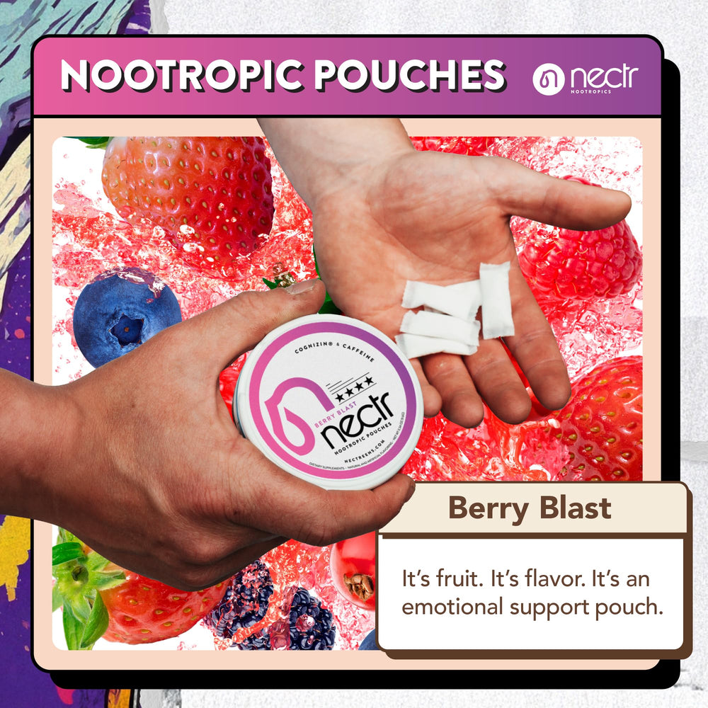 Nectr Energy Pouches pack shows slim, portable design for travel.