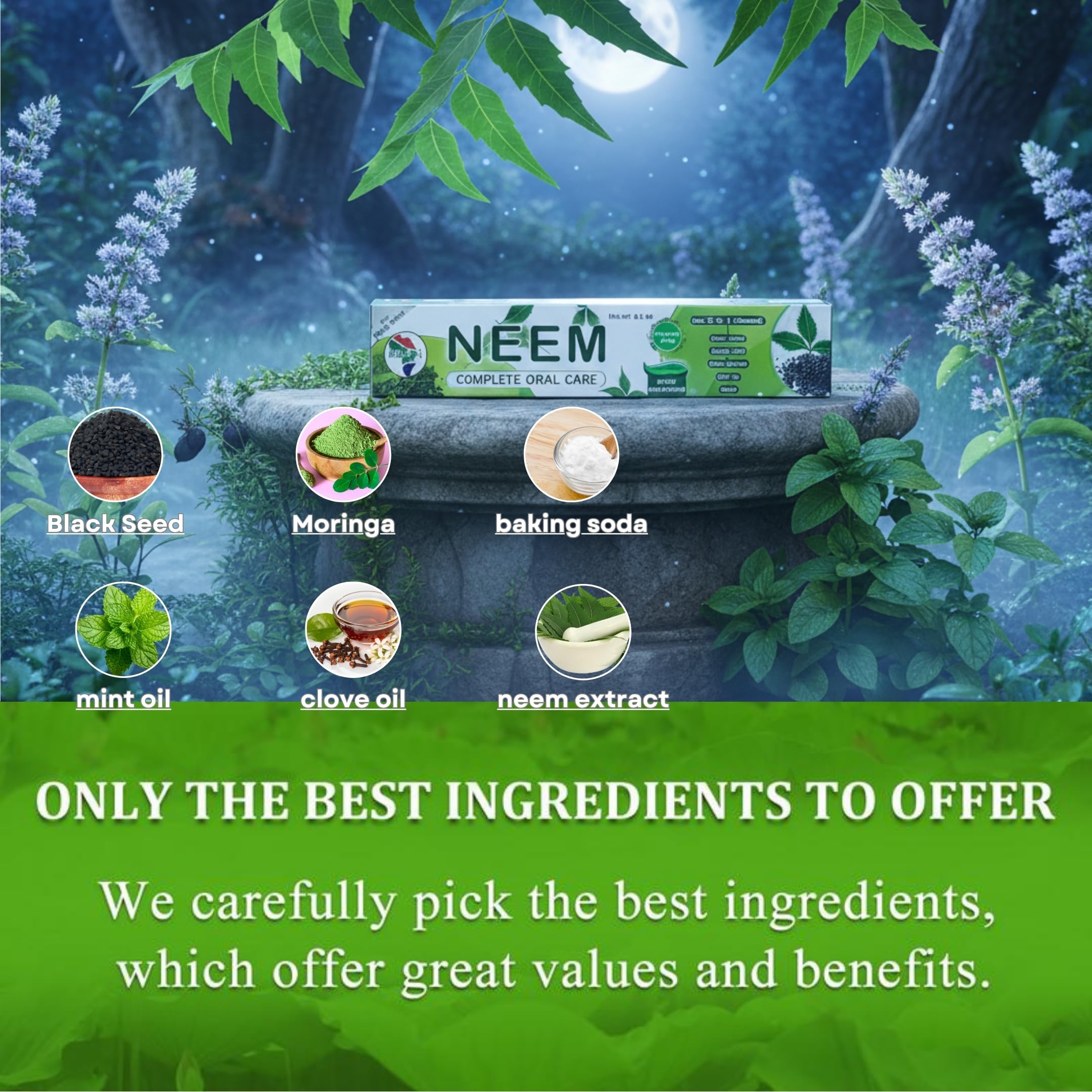 Herbal toothpaste components in organic Neem blend