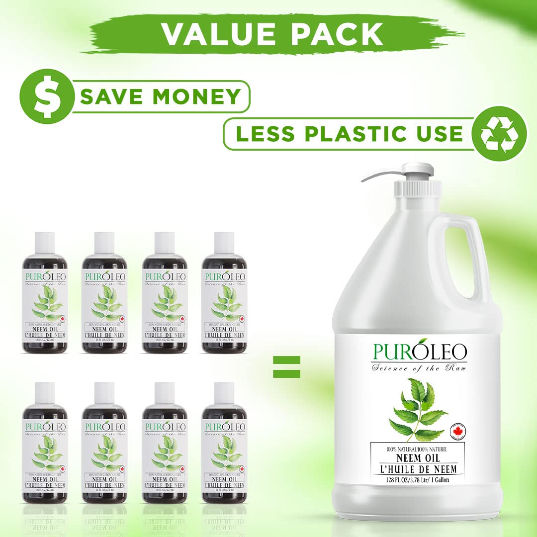 Transparent glass bottle of PUROLEO Neem Oil 128 oz