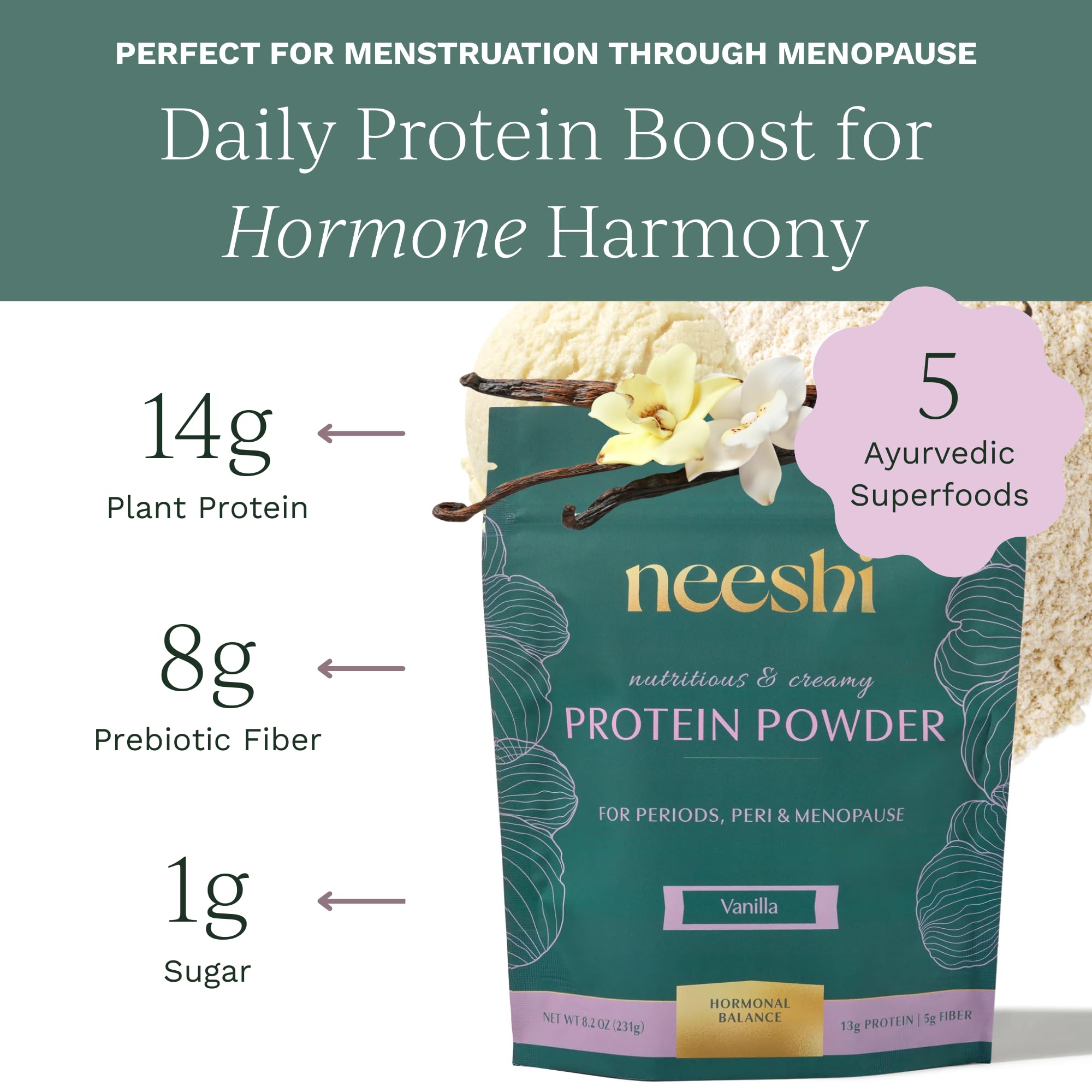 Neeshi Vanilla Protein Powder scoop and powder