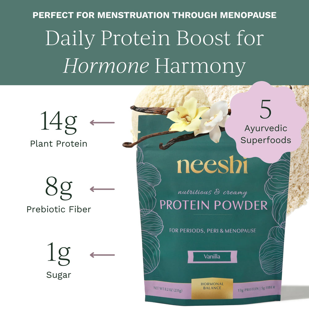 Neeshi Vanilla Protein Powder scoop and powder