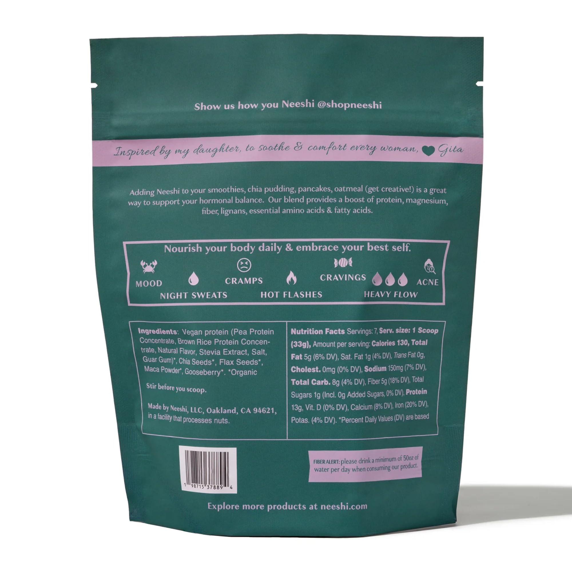 Clean ingredient list on Neeshi protein powder label