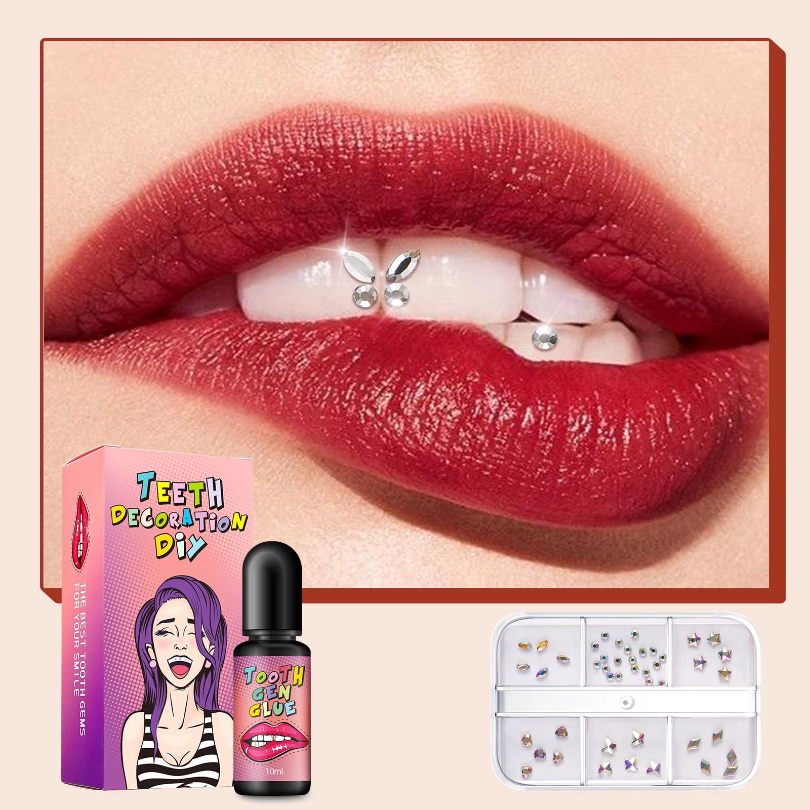 Vibrant tooth gems in different colors and shapes