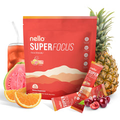 Nello SuperFocus Fruit Punch drink mix package and single-serve stick packet