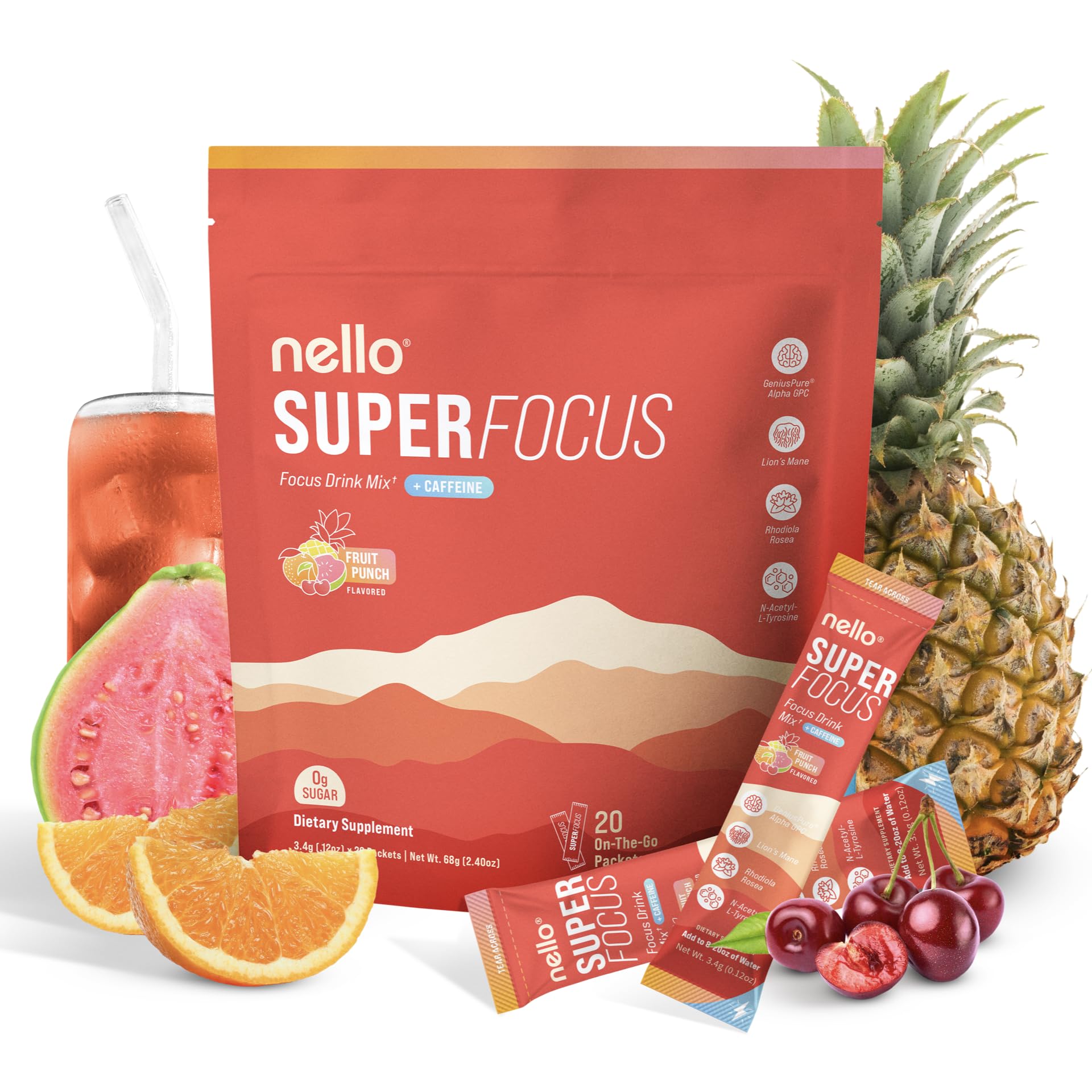 Front of Nello SuperFocus Fruit Punch bottle with Sugar-Free label