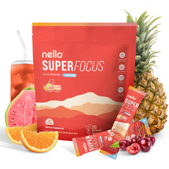 Front of Nello SuperFocus Fruit Punch bottle with Sugar-Free label
